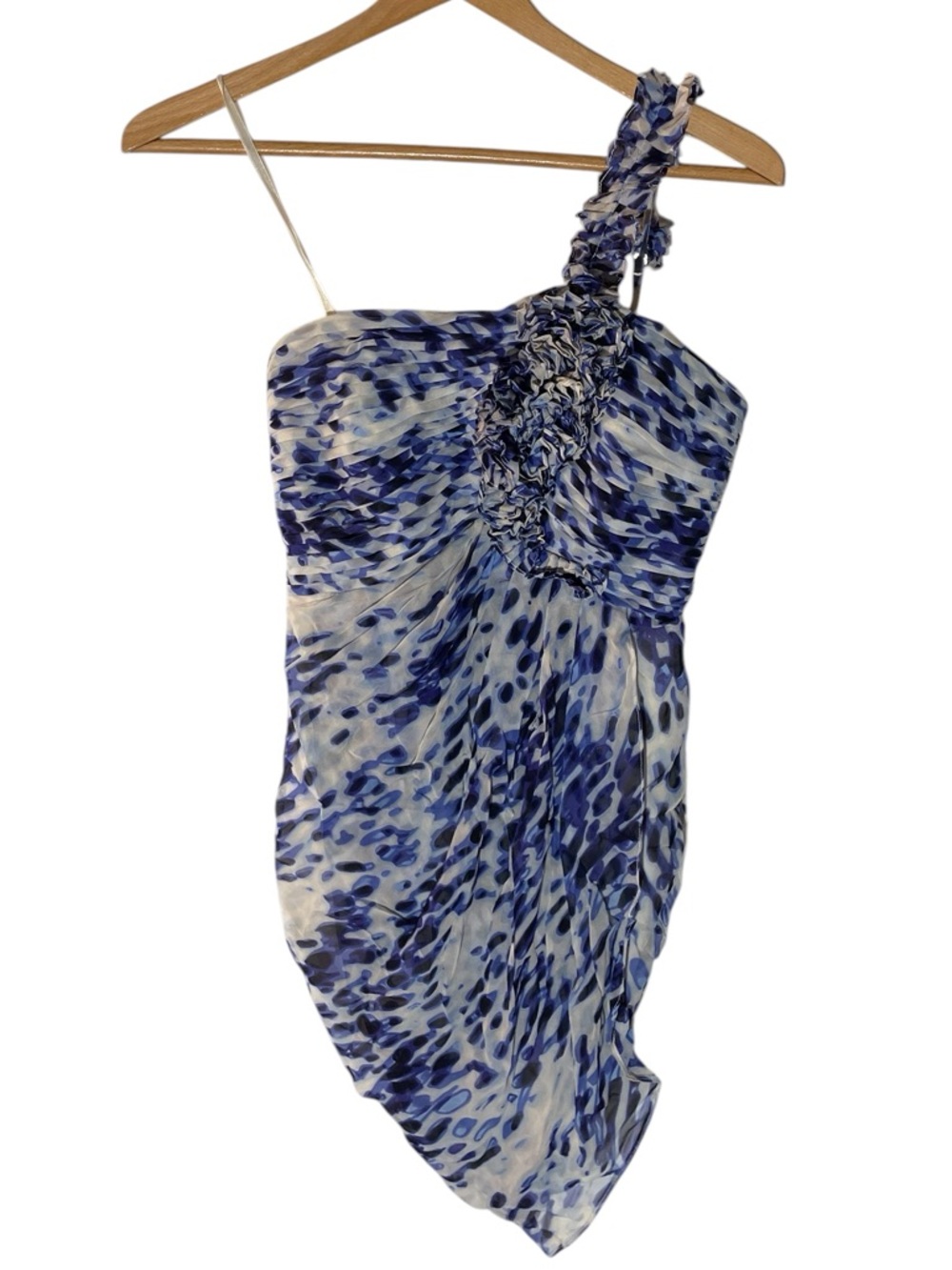 F9- BCBGMaxAzria Blue and White One-Shoulder Ruffle Dress